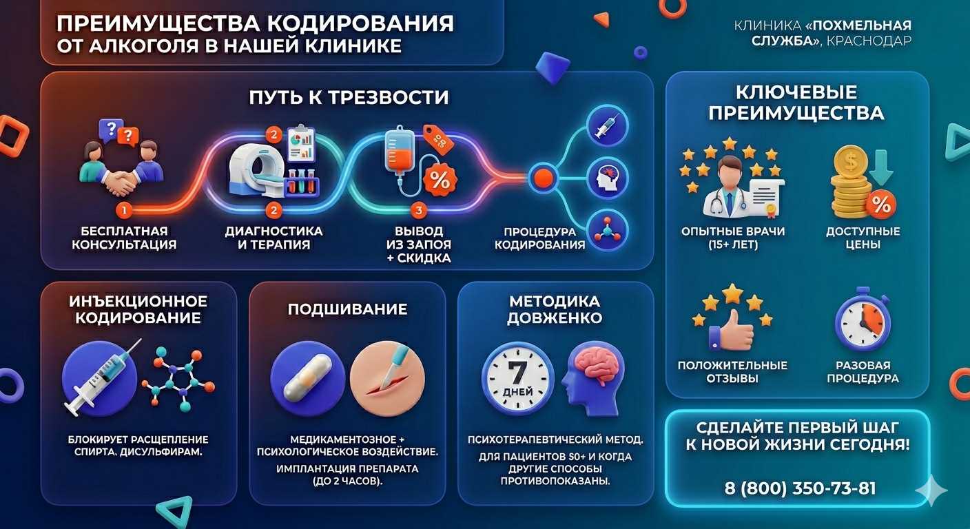 Инфографика о методах кодирования от алкоголя в Урени: инъекции, подшивание, метод Довженко. Преимущества клиники и этапы лечения.